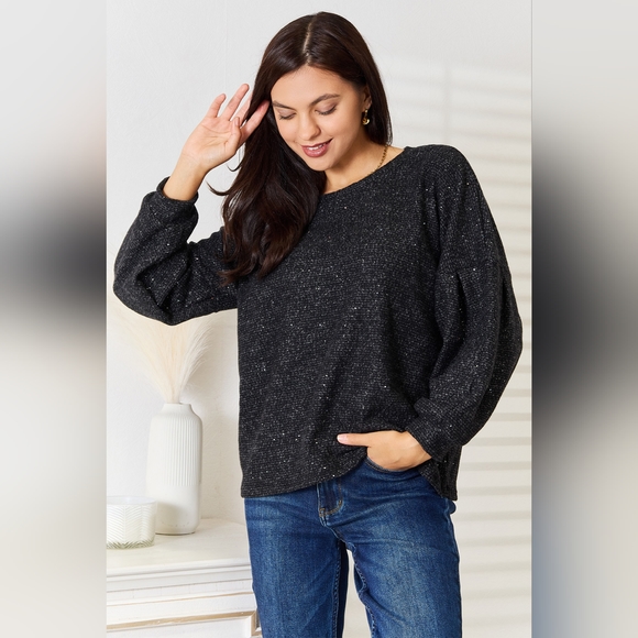 Jade By Jane Designer Black Full Size Boat Neck Glitter Long Sleeve Top - Picture 5 of 9